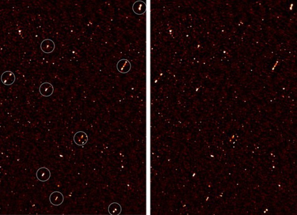Imagens da região ELAIS-N1, com os jatos de galáxias alinhados (as galáxias alinhadas têm círculos brancos à sua volta, na imagem da esquerda)