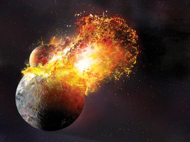A colisão planetária: impressão de artista do impacto que criou a Lua da Terra. Uma nova investigação sugere que o impacto foi ainda mais violento do que a imagem mostra