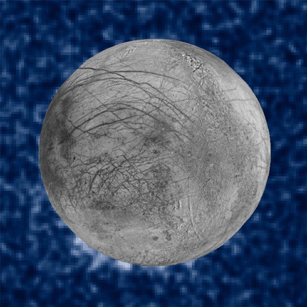 Esta composição mostra plumas "suspeitas" em erupção à posição das 7 horas, no limbo da lua de Júpiter, Europa. As plumas, fotografadas pelo instrumento STIS do Hubble, foram vistas em silhueta à medida que a lua passava em frente de Júpiter. A sensibilidade ultravioleta do Hubble permitiu discernir estas características que sobem a mais de 160 km acima da superfície gelada de Europa. Pensa-se que a água vem de um oceno subterrâneo em Europa. Os dados do Hubble foram obtidos no dia 26 de janeiro de 2014. A imagem de Europa, sobreposta nos dados do Hubble, foi construída com dados da Galileo e das Voyager