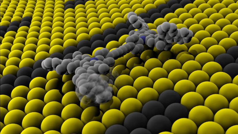 Uma molécula de quatro rodas a mover-se numa superfície de metal: o "nanocarro", um veículo microscópico construído a partir de uma única molécula
