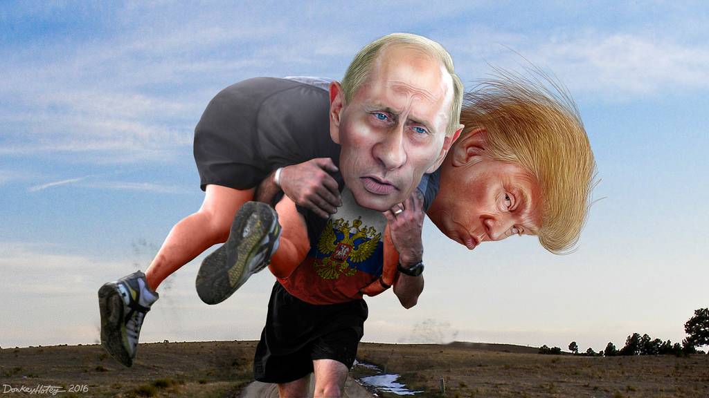 Donald trump nas costas de Vladimir Putin, por Donkey Hotey 
