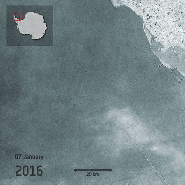 a plataforma de gelo, de 350 metros de espessura, está unida à península antártica apenas por um ponto.