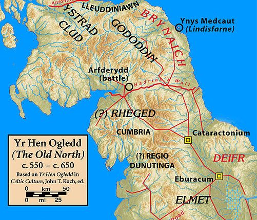Yr Hen Ogledd (O Anigo Norte) c. 550 – c. 650, localização provável do reino de Rheged