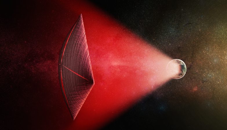 Conceito artístico de uma vela de onda de rádio (a vermelho) com origem na superfície de um planeta