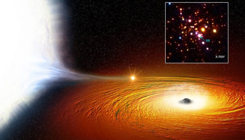 Ilustração da estrela anã a orbitar um buraco negro no sistema binário X9