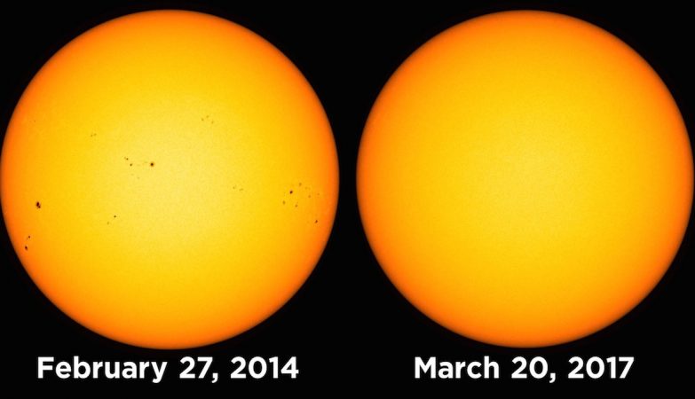 O Sol, observado pelo Solar Dynamics Observatory, da NASA, nos dias 27 de fevereiro e 20 de março