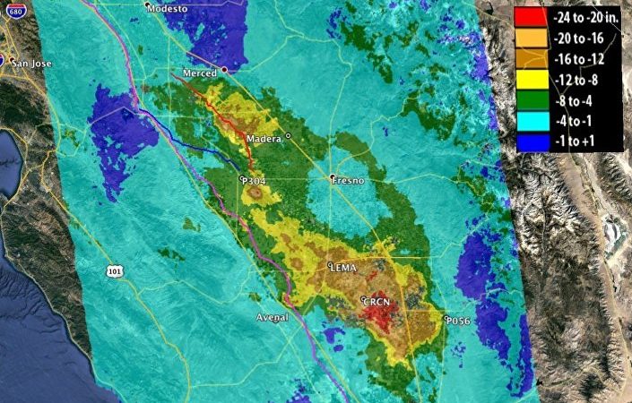 Mapa de subsidência total da vale Joaquin Valley, na Califórnia, EUA