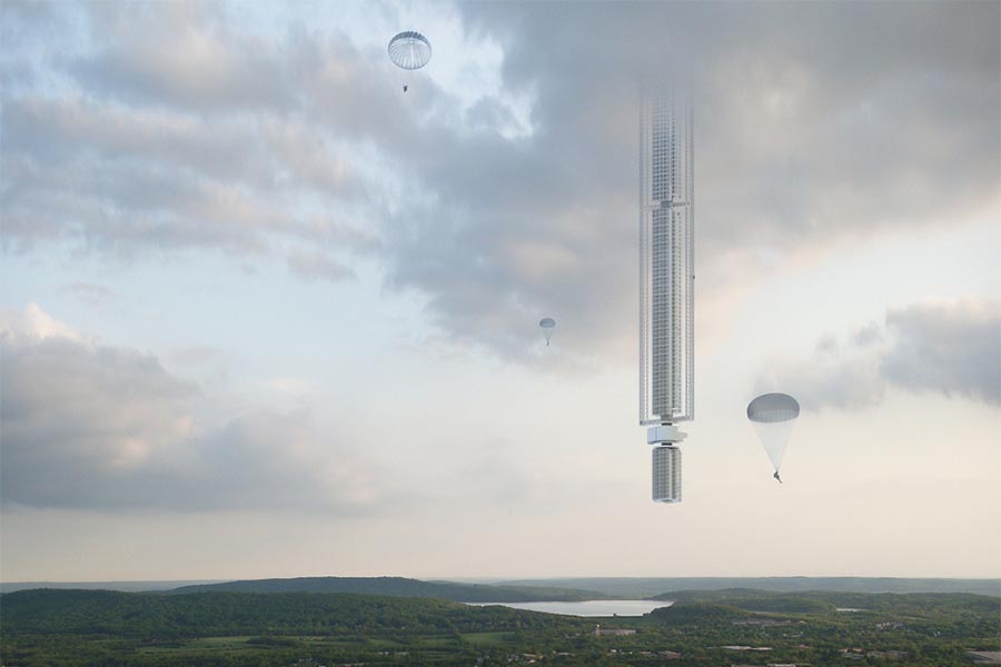 A Torre Analemma, um arranha-céus de "cabeça para baixo" e suspenso de um asteroide, é um projeto da Clouds Architecture Office