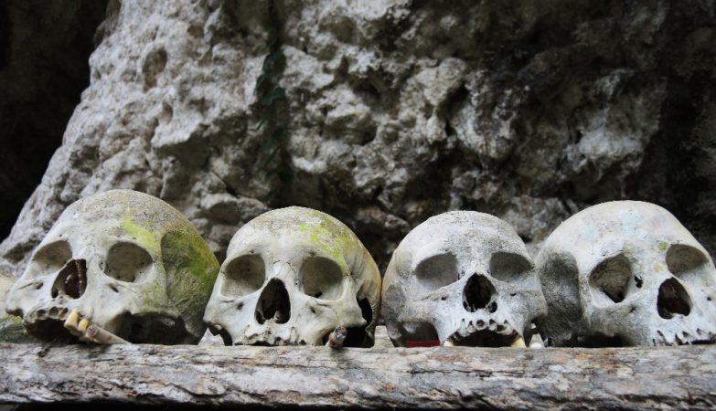 Crânios num túmulo em Tana Toraja, na ilha de Sulawesi, na Indonésia