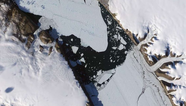 Imagens de satélite da ilha de gelo que surgiu em 2010. Na época, tinha 260 quilômetros quadrados