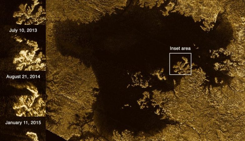 À esquerda, as imagens mostram as imagens das "ilhas mágicas" de Titã que desaparecem e emergem ao longo do tempo