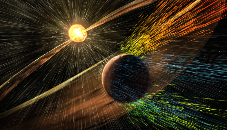 Impressão de artista de uma tempestade solar que atinge Marte e retira íons da atmosfera superior do planeta