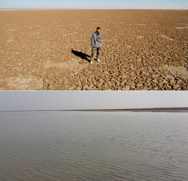 Li Fei, estudante da Universidade Agrícola de Pequin, estuda o lago Hr em 2007. Em baixo, o lago no dia 19 de março deste ano.