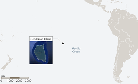 Localização da ilha Henderson, no Oceano Pacífico