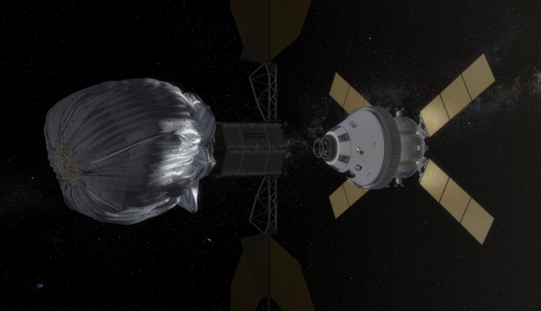 Conceito artístico da abordagem da nave Orion a um asteróide na sua missão ARM