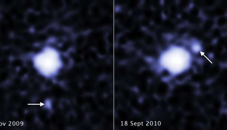 Estas duas imagens, separadas por um período de quase um ano, revelam uma lua em órbita do planeta-anão 2007 OR10