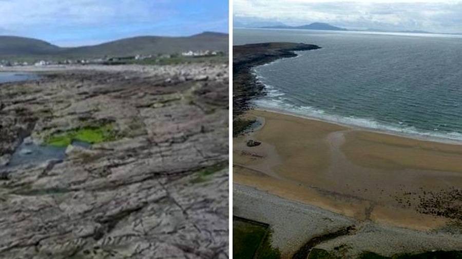  O antes e depois da praia de Dooagh: à esquerda, como ela ficou após as tempestades de 1984; à direita, a nova praia que surgiu no local. 