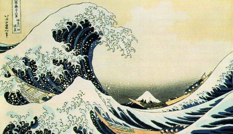 Debaixo da Onda de Kanagawa, ilustração de Katsushika Hokusai, 1823. 