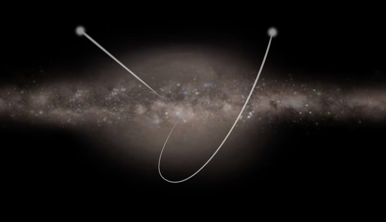 Impressão artística de duas estrelas a viajarem do centro da nossa Galáxia, a Via Láctea, para os seus arredores