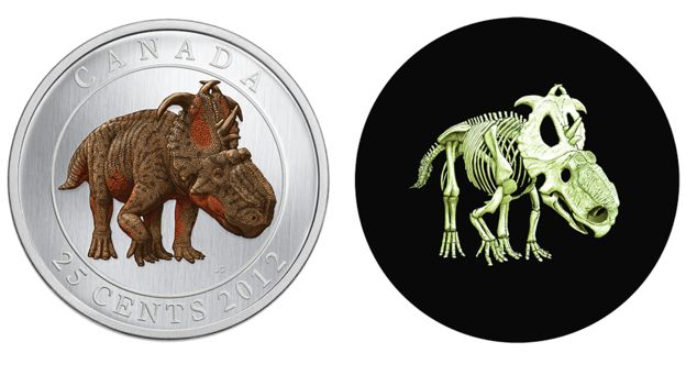 Moeda de 25 centavos que exibia um esqueleto de dinossauro, mas que não chegou a entrar em circulação