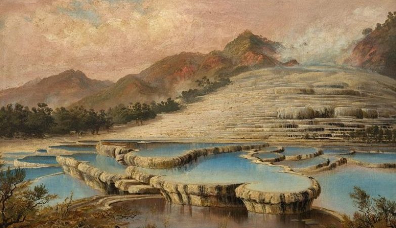 Pintura dos terraços branco e rosa do Lago Rotomahana