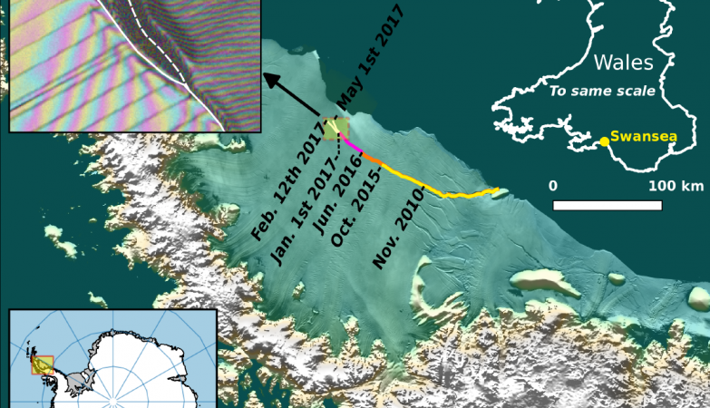 Imagem de satélite mostra a região da plataforma Larsen C que está se desprendendo, como vista a 1 de Maio