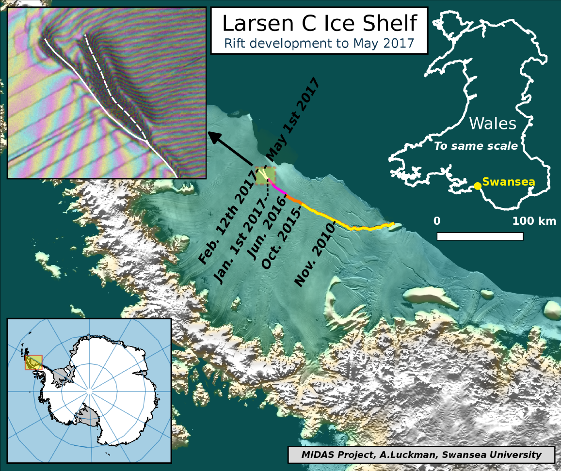 Imagem de satélite mostra a região da plataforma Larsen C que ameaça se separar da Antártida, vista em 1º de Maio