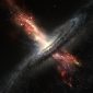 Um monstruoso buraco negro foi arrancado para fora do centro de sua galáxia por uma bizarra colisão cósmica